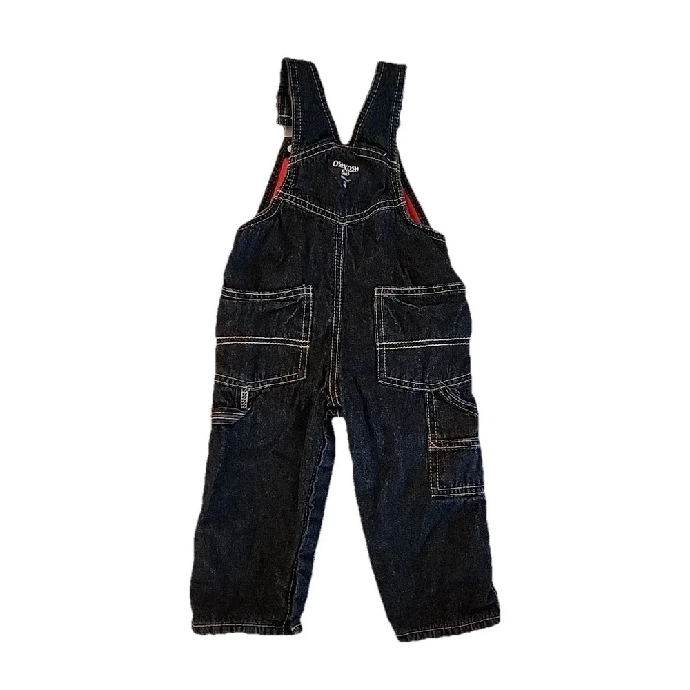 OshKosh B'gosh Toddler Overalls Blue Denim Red Fleece Lined Snaps Sz 12 Mos